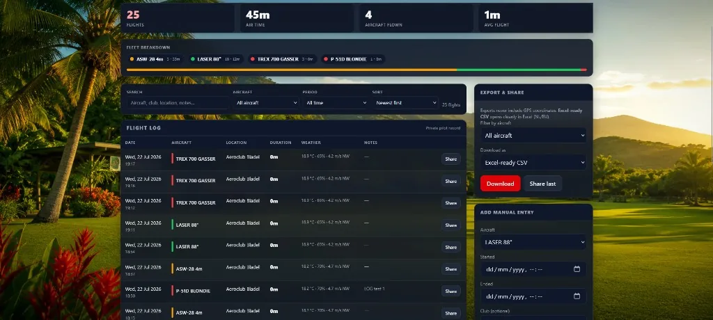 Flight logbook with stats, fleet breakdown, and flight history
