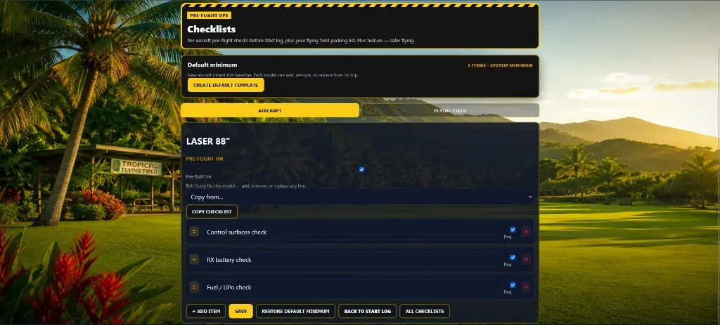 Pre-flight aircraft checklist editor for Laser 88